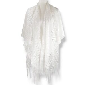 Lane Bryant Lace Kimono Cardigan Fringe Open Front Sheer Crochet White Boho‎ OS